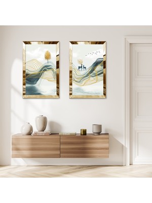 Zevahir Mobilya Dekorasyon Gold Aynalı Pleksi Çerçeveli Dağda Geğikler Dekoratif Ikili Mdf Tablo Seti