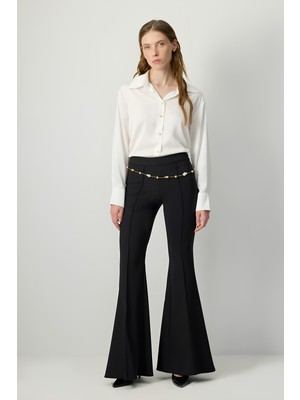 Touche Siyah Nervürlü Ispanyol Paça Pantolon MKN4009