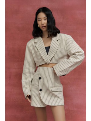 Bej Çizgili Etek Ceket Takım MKN5016
