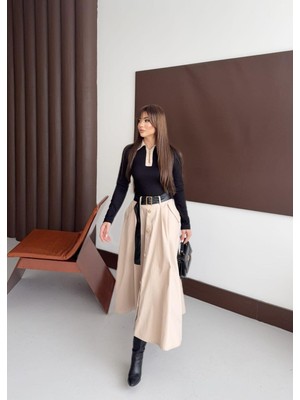 Qimya Butik Buketli Kadın Eteği Sarı Düğme Detaylı Gabardin Kumaş Üst Kısmı Örme Kumaş Polo Yaka Kemerli Uzun Kollu Uzun Elbise