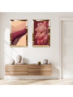 Zevahir Mobilya Dekorasyon Gold Aynalı Pleksi Çerçeveli Renkli Soyut Çiçekler Ikili Mdf Tablo Seti