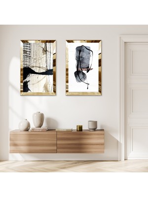 Zevahir Mobilya Dekorasyon Gold Aynalı Pleksi Çerçeveli Beyaz Arka Planlı Soyut Siyah Şekiller Ikili Mdf Tablo Seti