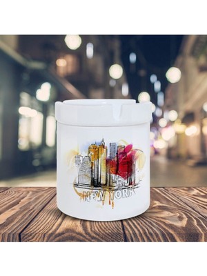 New York Şehir Silüeti Baskılı Küllük Seramik Kül TABLASI-07894
