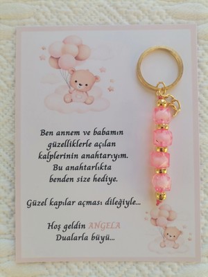 İ&DBABY 100 Adet Isme Özel Tasarım Pembe Anahtarlık Hastane Yeni Doğan 40 Mevlidi Dağıtmalık Hediyelik