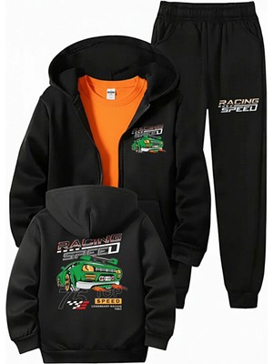 Fyk Kids Fermuarlı Racing Araba Baskı Detaylı Kapüşonlu Erkek Çocuk Eşofman Takımı