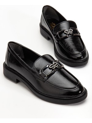 Dilimler Ayakkabı Siyah Kadın Loafer Günlük Ayakkabı Kırışık Rugan Tokalı