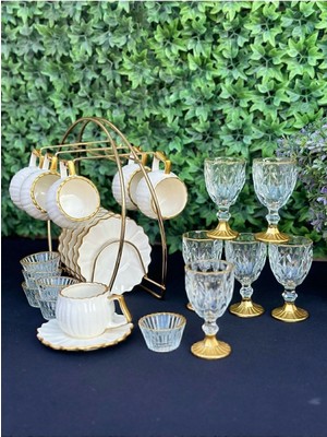 Hediye Köşkü 25 Parça Gold Askılı Papatya Kahve Sunum Seti, Şık ve Zarif Tasarım, Tamamlayıcı Set