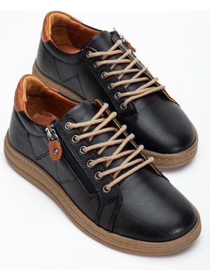Dilimler Ayakkabı Siyah Hakiki Deri Ortopedik Kadın Günlük Ayakkabı Fermuarlı Bağcıklı