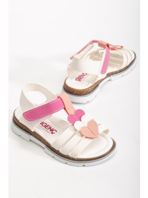 Dilimler Ayakkabı Şirin Genç Ortopedik Kalpli Beyaz Fuşya Kız Çocuk Sandalet