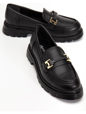 Dilimler Ayakkabı Siyah Kadın Loafer Günlük Ayakkabı Suni Deri Taşlı Tokalı