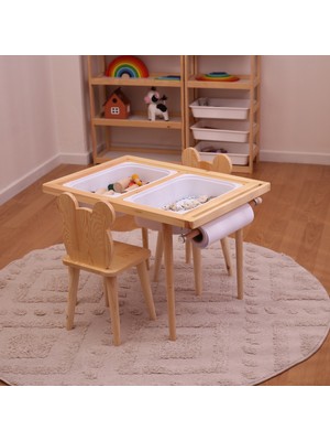 Muyuru Montessori Ahşap Çam Aktivite Masası 2 Sepet Beyaz/kara Tahtalı Rulo Kişiselleştirilebilir 2-6 Yaş +2 Sandalye