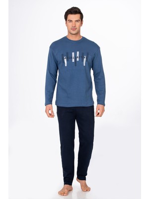 Kompedan Erkek Casual Active Baskılı Pamuklu Pijama Takımı | Lacivert