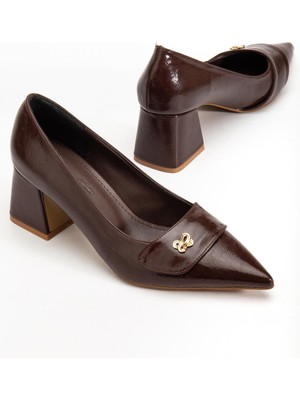 Dilimler Ayakkabı Kahverengi Büyük Beden Kadın Topuklu Ayakkabı Rugan Kalın Topuklu Sivri Burun