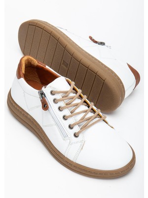 Dilimler Ayakkabı Beyaz Hakiki Deri Ortopedik Kadın Günlük Ayakkabı Fermuarlı Bağcıklı