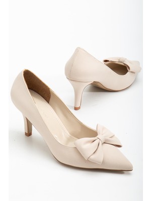 Dilimler Ayakkabı Büyük Beden Kadın Stiletto Ince Topuklu Ayakkabı Bej Saten Fiyonklu