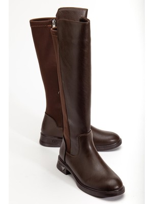 Dilimler Ayakkabı Kahverengi Kadın Çizme Düz Taban Streç Fermuarlı