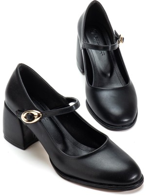 Dilimler Ayakkabı Siyah Kadın Kalın Topuklu Ayakkabı Baretli Vardola Kalın Tokalı