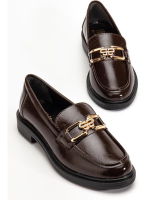 Dilimler Ayakkabı Kahverengi Kadın Loafer Günlük Ayakkabı Kırışık Rugan Tokalı