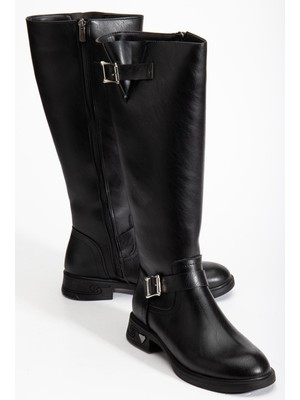 Dilimler Ayakkabı Siyah Kadın Çizme Düz Topuklu Bilek Kemerli