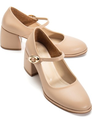 Dilimler Ayakkabı Nude Kadın Kalın Topuklu Ayakkabı Baretli Vardola Kalın Tokalı