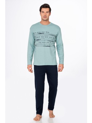 Kompedan Erkek Stay Wild Baskılı Pamuklu Pijama Takımı | Su Yeşili 028