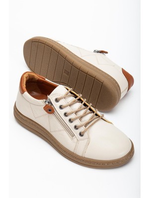 Dilimler Ayakkabı Bej Hakiki Deri Ortopedik Kadın Günlük Ayakkabı Fermuarlı Bağcıklı