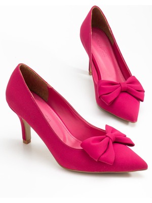 Dilimler Ayakkabı Büyük Beden Kadın Stiletto Ince Topuklu Ayakkabı Fuşya Saten Fiyonklu