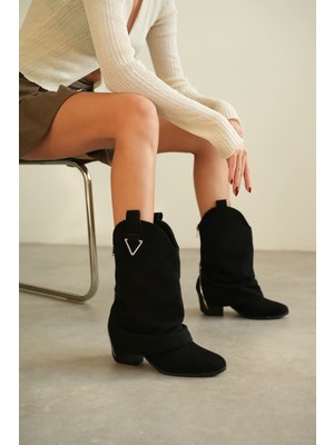 Kadın Silver Kovboy Geniş Konç Çizme - Siyah Süet