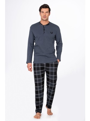 Kompedan Erkek Patlı Yaka Kareli Pamuklu Pijama Takımı – Lacivert Füme 039