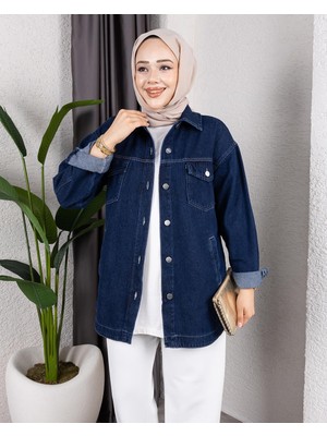Kadın Yıkamalı Cepli Denim Kot Lacivert Ceket
