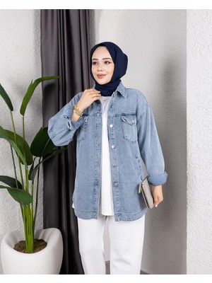 Kadın Cepli Yıkamalı Denim Kot Ceket Mavi Normal Yaka Dokuma Kumaş Günlük Stil