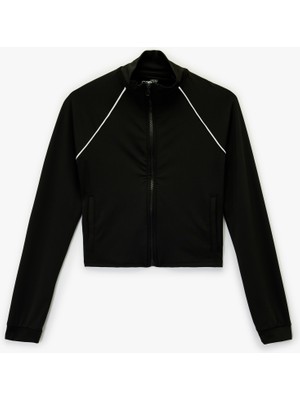 Koton Kadın Siyah Dik Yaka Uzun Kollu Fermuarlı Spor Sweatshirt Slim Fit Orta Kalınlık