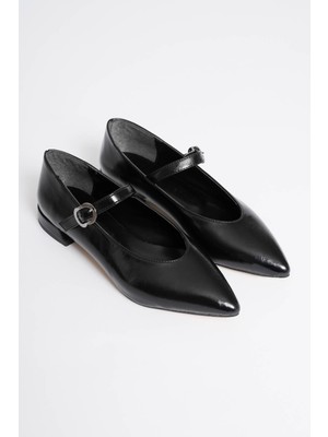 Zerenyus Meredith Premium Siyah Günlük Kısa Sivri Burunlu Mary Jane Babet