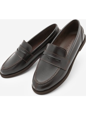 Marjin Kadın Loafer Düz Taban Makosen Günlük Ayakkabı Benif Kahve