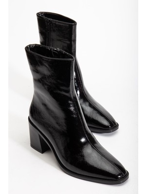 Dilimler Ayakkabı Siyah Kadın Kalın Topuklu Bot Rugan Küt Burun Yüzüdüz