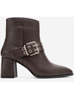 Dericlub Kadın Tokalı Yüksek Topuklu Bot Gerçek Deri Rc 319 Kahverengi