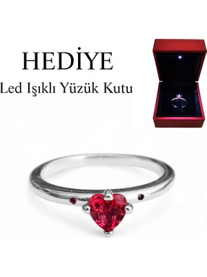 Besen Gümüş 925 Ayar Gümüş Kırmızı Taşlı Kalp Sen ve Ben Yüzük Işıklı Kutuda
