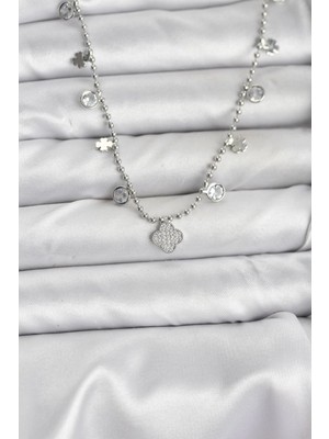 Marsilyan Pirinç Gümüş Renk Yonca Model Kadın Kolye - TJ-BKO10651