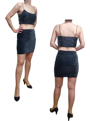 Nadom 2'li Yüksek Bel Lastikli Mini Etek Askılı Crop Esnek Likralı Simli Takım