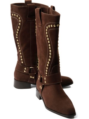 Mubiano Kadın Kahverengi Süet Çizme Gold Zımba Detaylı Termo Topuklu Şık Tasarım