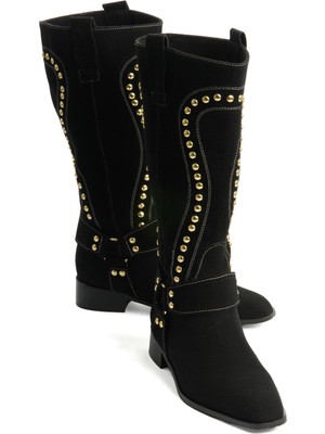 Mubiano Kadın Süet Çizme Gold Zımba Detaylı Siyah Eldora