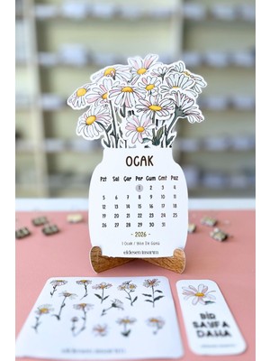 Eldesen Tasarım 2026 Papatya Temalı Masa Takvimi | Kayın Desenli Karton Tutucu | Dekoratif Takvim | Hediye Seçeneği