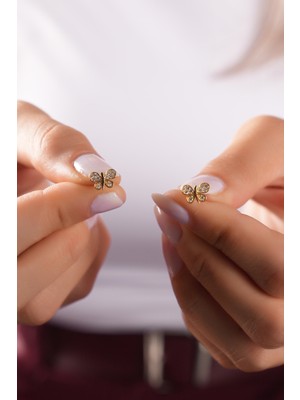 Sunshine 925 Ayar Gümüş Gold Kaplama Kelebek Model Beyaz Zirkon Taşlı Kadın Küpe