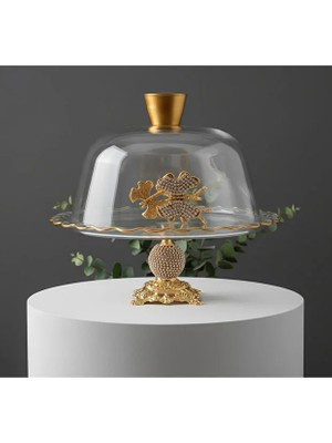 Çnr Home Collection Gold Metal Ayaklı Cam Kapaklı Kek-Pasta Standı- Fanus