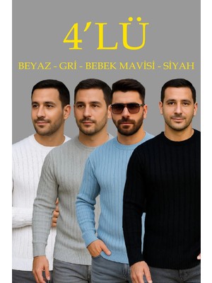 Erkek Fitilli Triko Kazak 4’lü Set – Beyaz, Bebek Mavisi, Gri, Siyah | Kalın Dokuma Pamuklu Regular Fit Bisiklet Yaka Uzun Kollu Kışlık ve Baharlık Rahat Triko Kombini