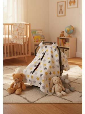 Bebek Puset Örtüsü Çift Katlı Astarlı Puset Örtüsü Sarı Yıldız Desenli Çıt Çıtlı Puset Örtüsü