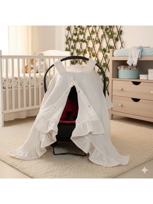 %100 Pamuk Müslin Kumaş Puset Örtüsü Çıt Çıt ve Fırfır Desenli Krem Rengi Puset Örtüsü