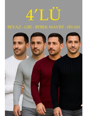 Erkek Fitilli Triko Kazak 4’lü Set – Beyaz, Bordo, Gri, Siyah | Kalın Dokuma Pamuklu Regular Fit Bisiklet Yaka Uzun Kollu Kışlık ve Baharlık Rahat Triko Kombini