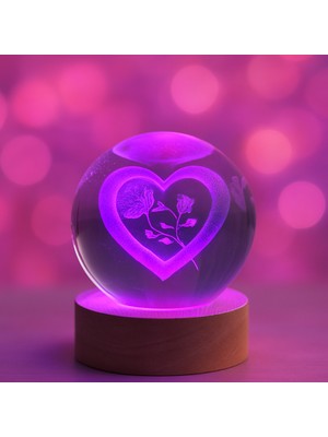 Alytech Kalp ve Gül Figürlü LED Işıklı USB Bağlantılı Renk Değiştiren 3D Cam Küre Gece Lambası