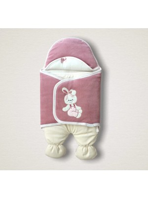 Venüs Shopping Yenidoğan Kadife Kumaş Ayıcık Nakışlı Şapkalı Kız Erkek Bebek Ayaklı Kundak Bebek Battaniyesi Gül Kurusu